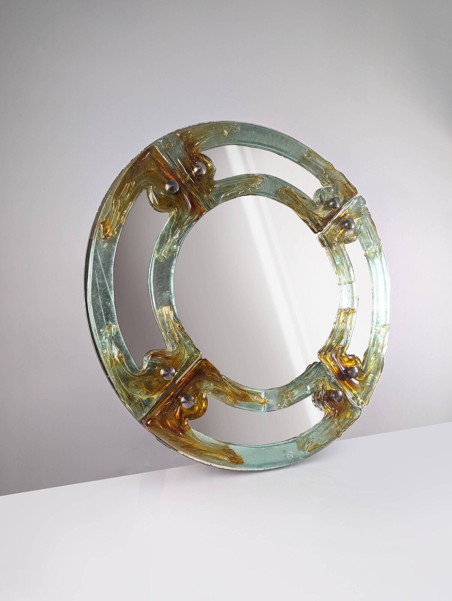 Venetian round mirror in amber murano glass by Mazzega 1960s