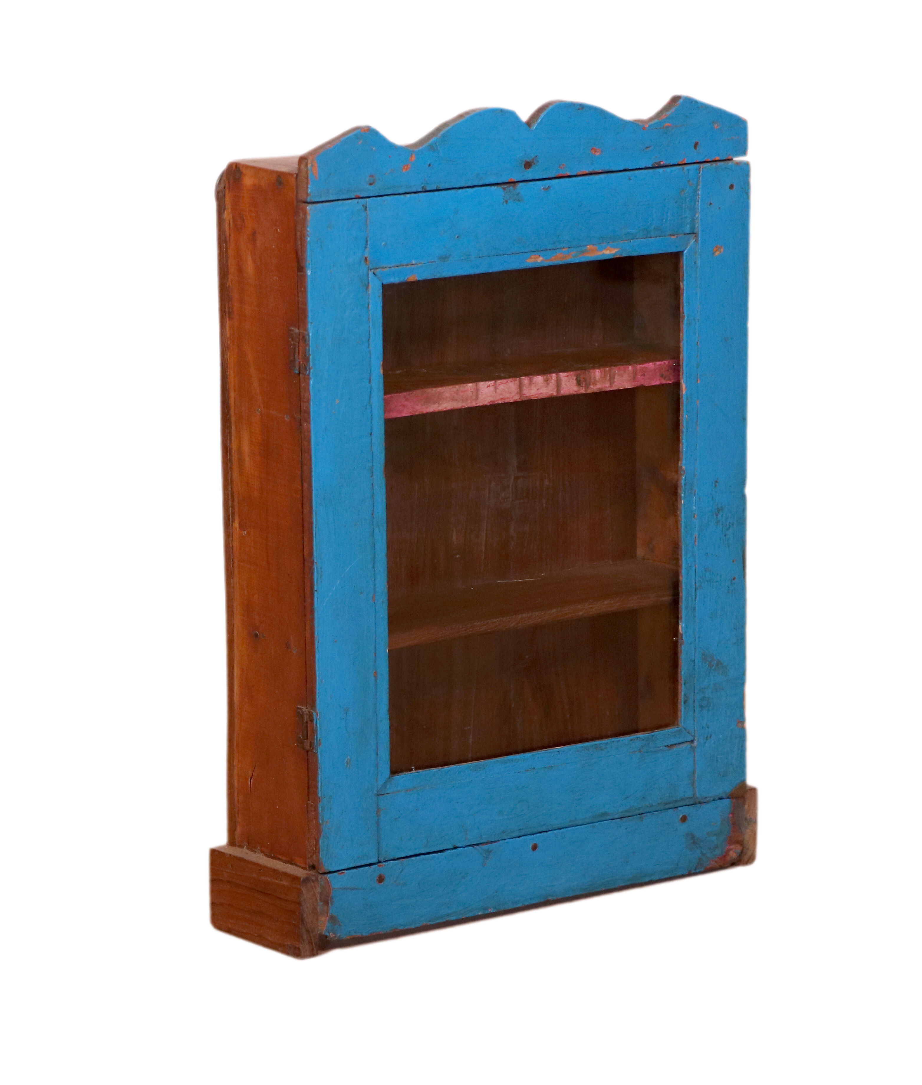 Old art deco wall display case in original blue teak burmese patina