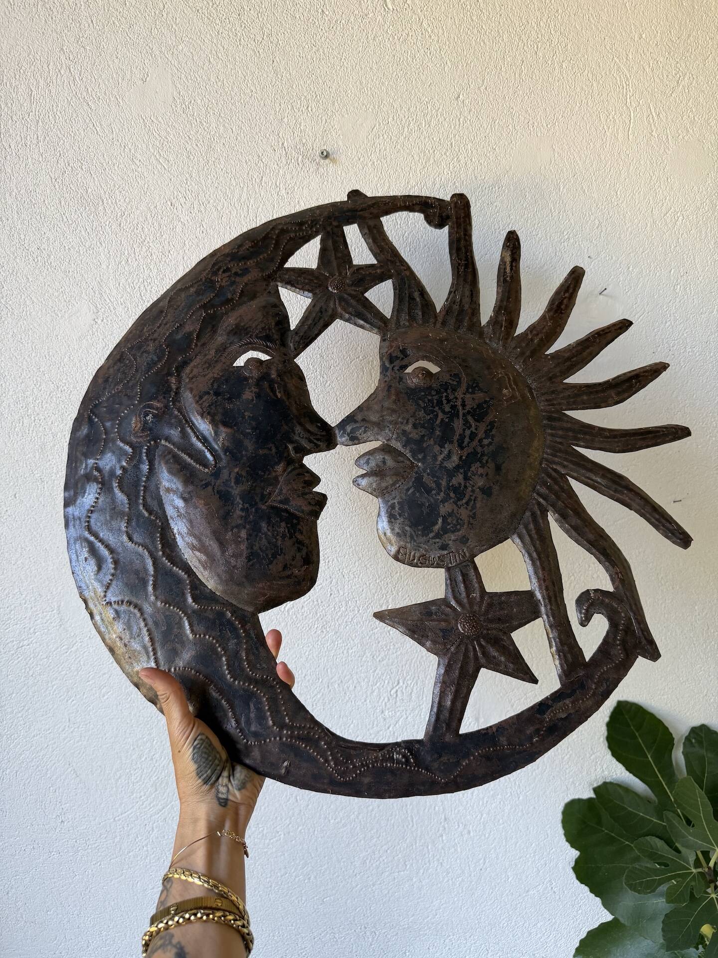 Brutalist metal wall sculpture "sun-moon"