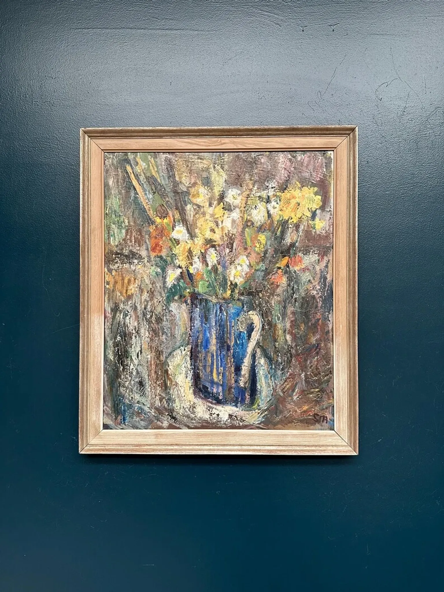 Original Swedish Oil on Panel – “Flowers in Blue Vase” by Sven Age – Signed – Vintage & Framed – 73 × 63 cm (28.7" × 24.8")