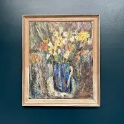 Original Swedish Oil on Panel – “Flowers in Blue Vase” by Sven Age – Signed – Vintage & Framed – 73 × 63 cm (28.7" × 24.8")