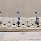 teak wall coat rack with 7 double cast iron hooks