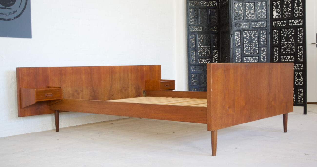 Danish Mid-Century Teak Floating Double Bed, 1950's.