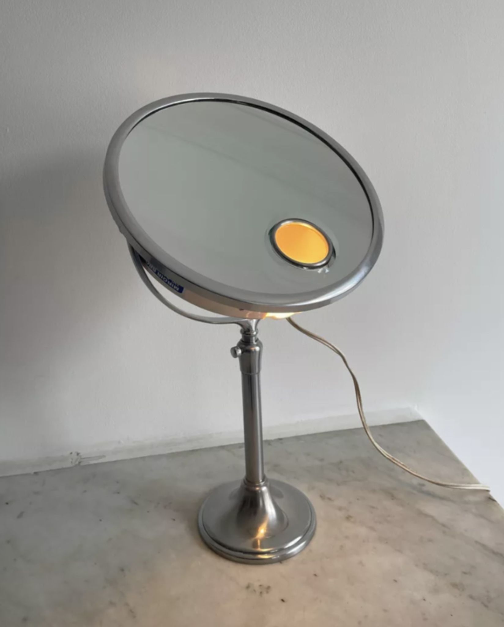 Vintage chrome Brot mirror, magnifying and illuminating, on adjustable stand, France 1960