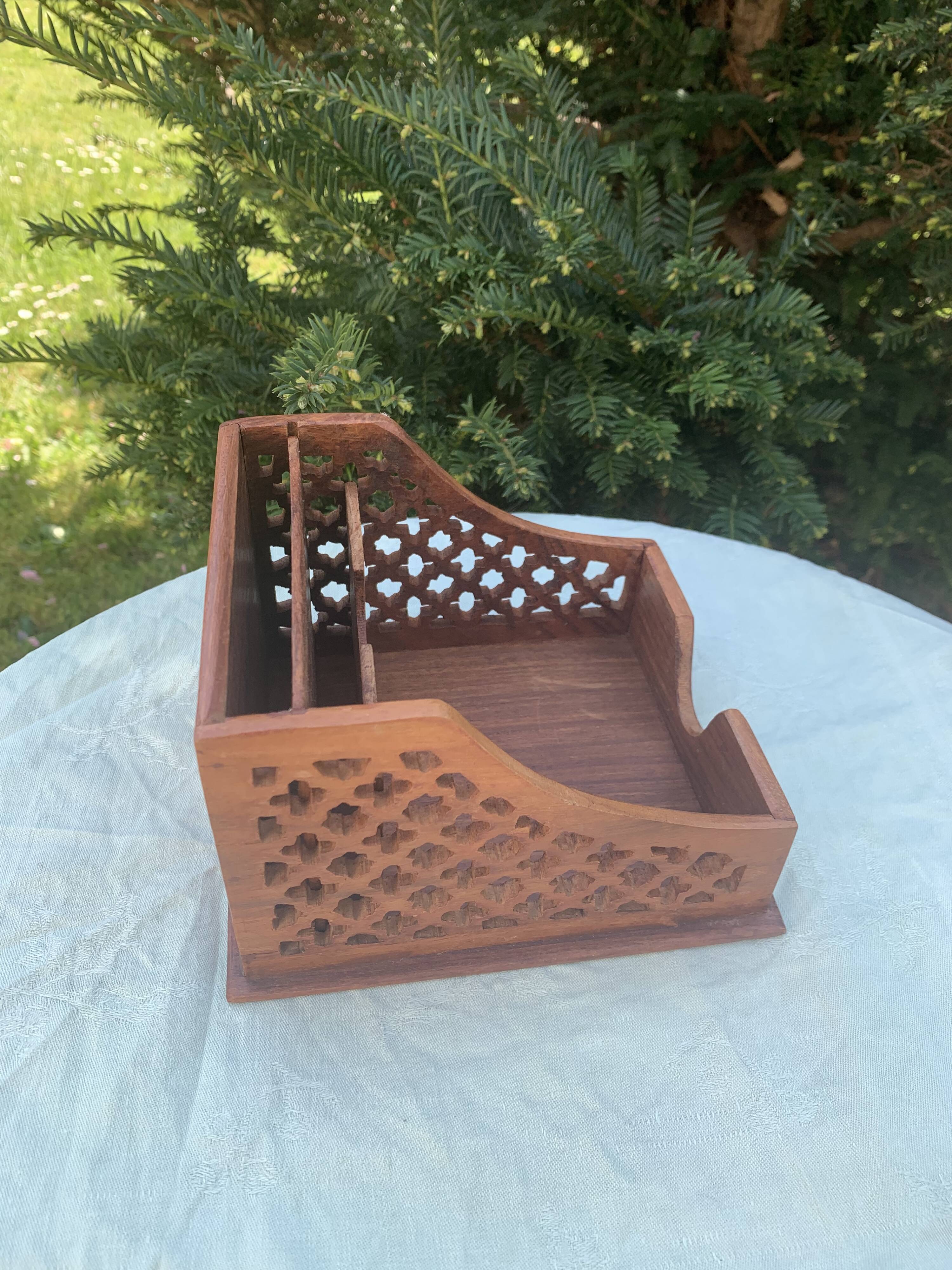 Mail holder, openwork wooden card holder, vintage
