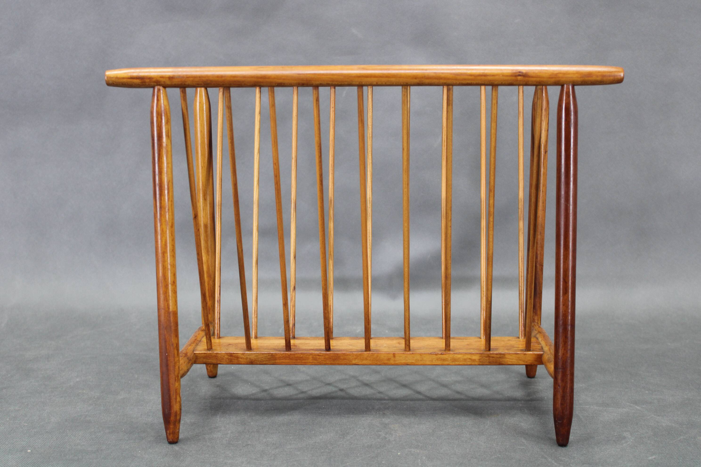 1960s uluv solid beech magazine stand, czechoslovakia