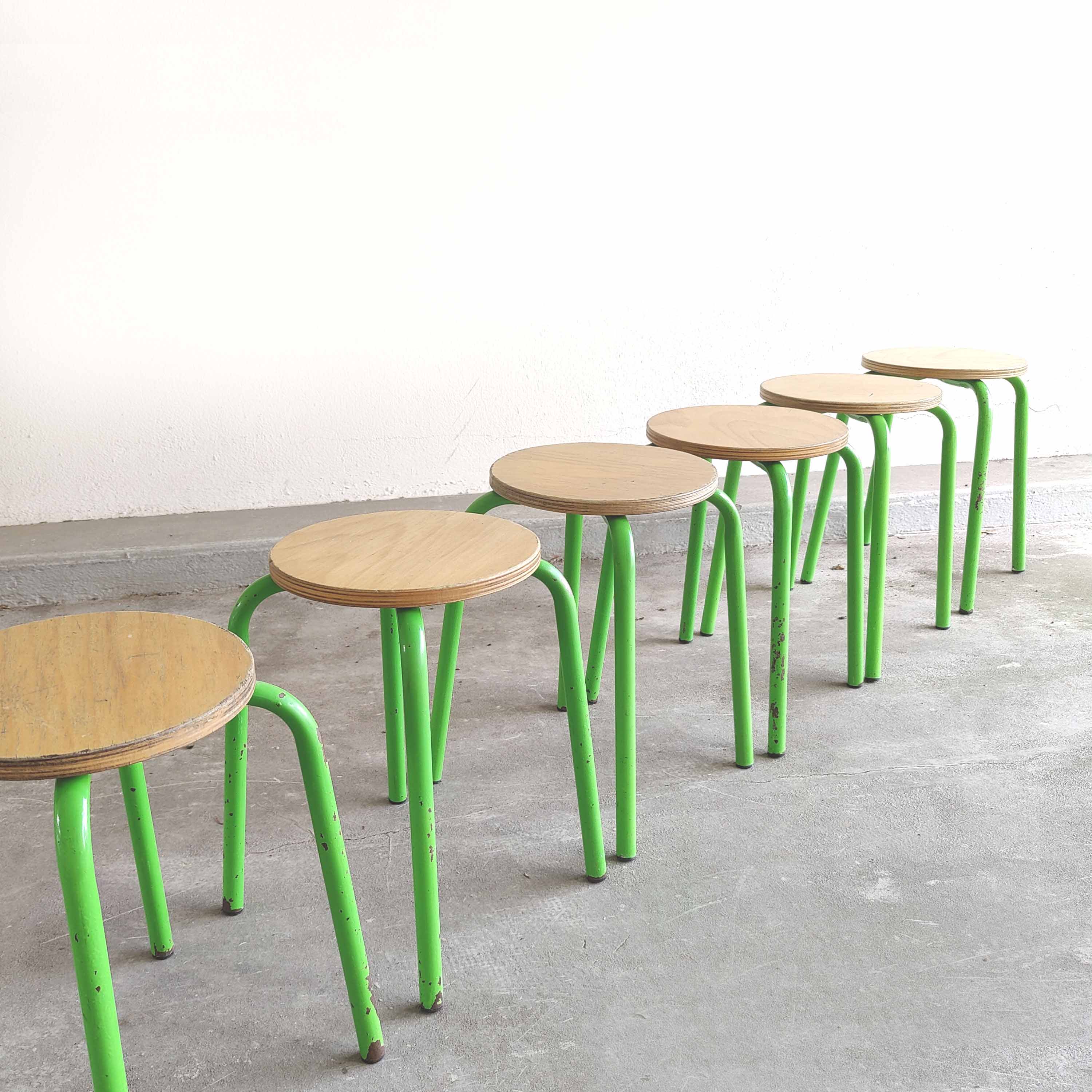 Set of 6 stools vintage metal green and wood