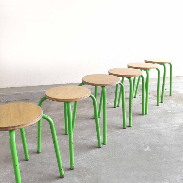Lot de 6 tabourets vintage métal vert et bois