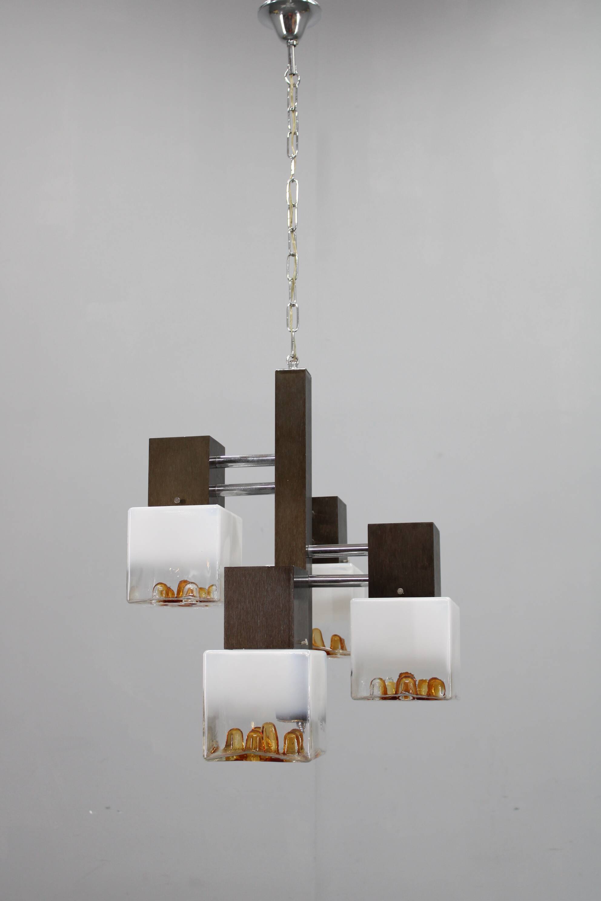 1970s Italian chandelier with Murano glass shades and anodized metal frame