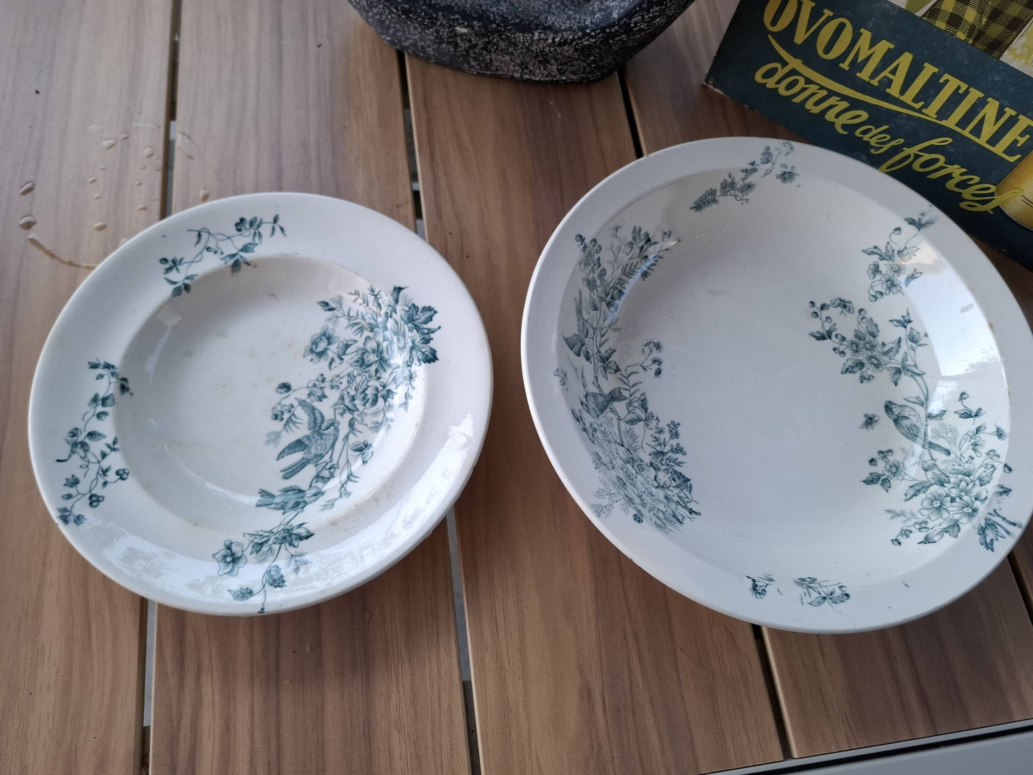 Old set of 2 terre de fer longwy dishes – bird and flower decoration