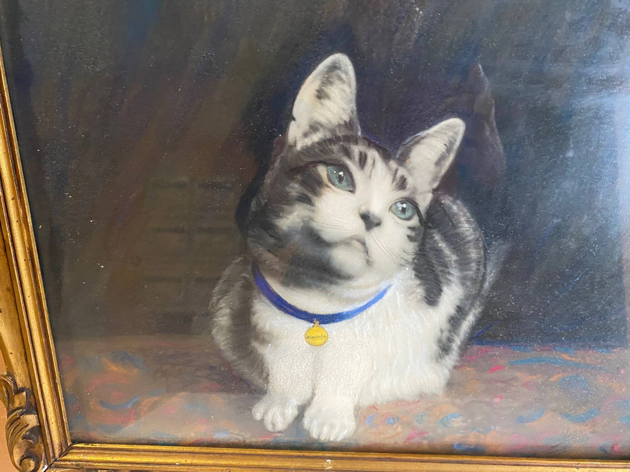 Animal painting cat minouche in gouache signed morris 1934 wooden frame