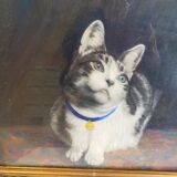 Animal painting cat minouche in gouache signed morris 1934 wooden frame