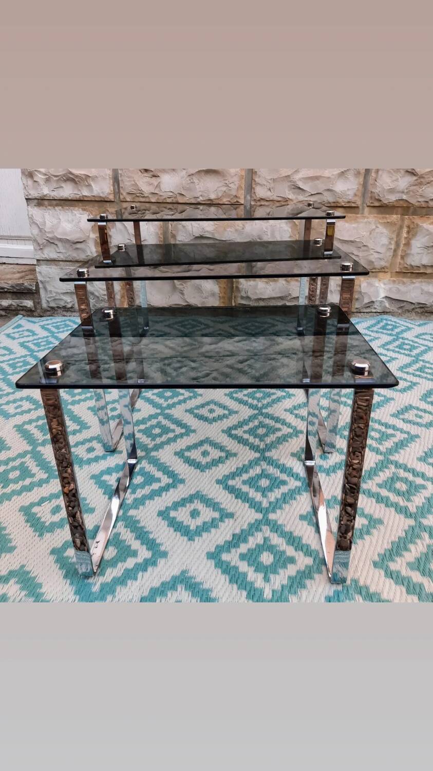 3 nesting coffee tables, smoked glass, chrome base