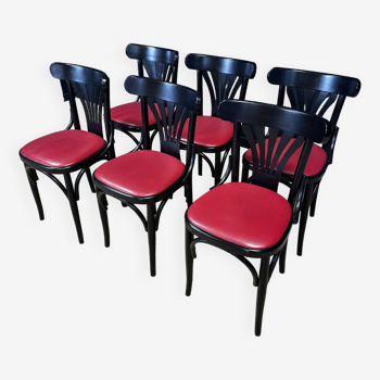 Ensemble de 6 chaises bistrot noires et skaï rouge France