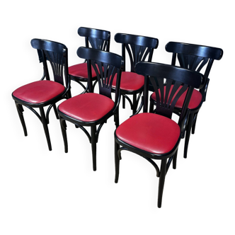 Set of 6 black bistro chairs and red leatherette France