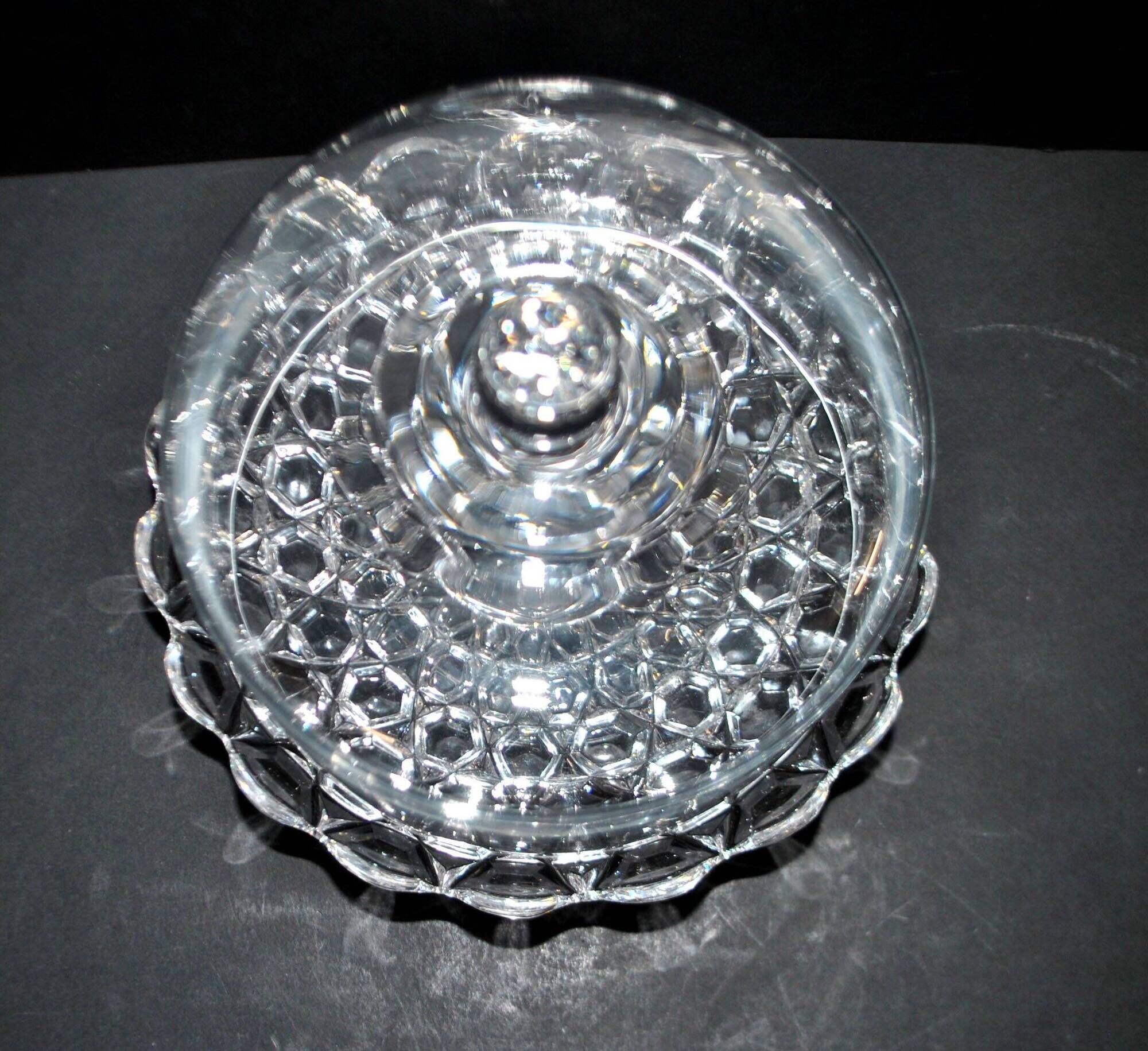 Antique cheese dome on a diamond moulded crystal stand, 1920, marked registered.