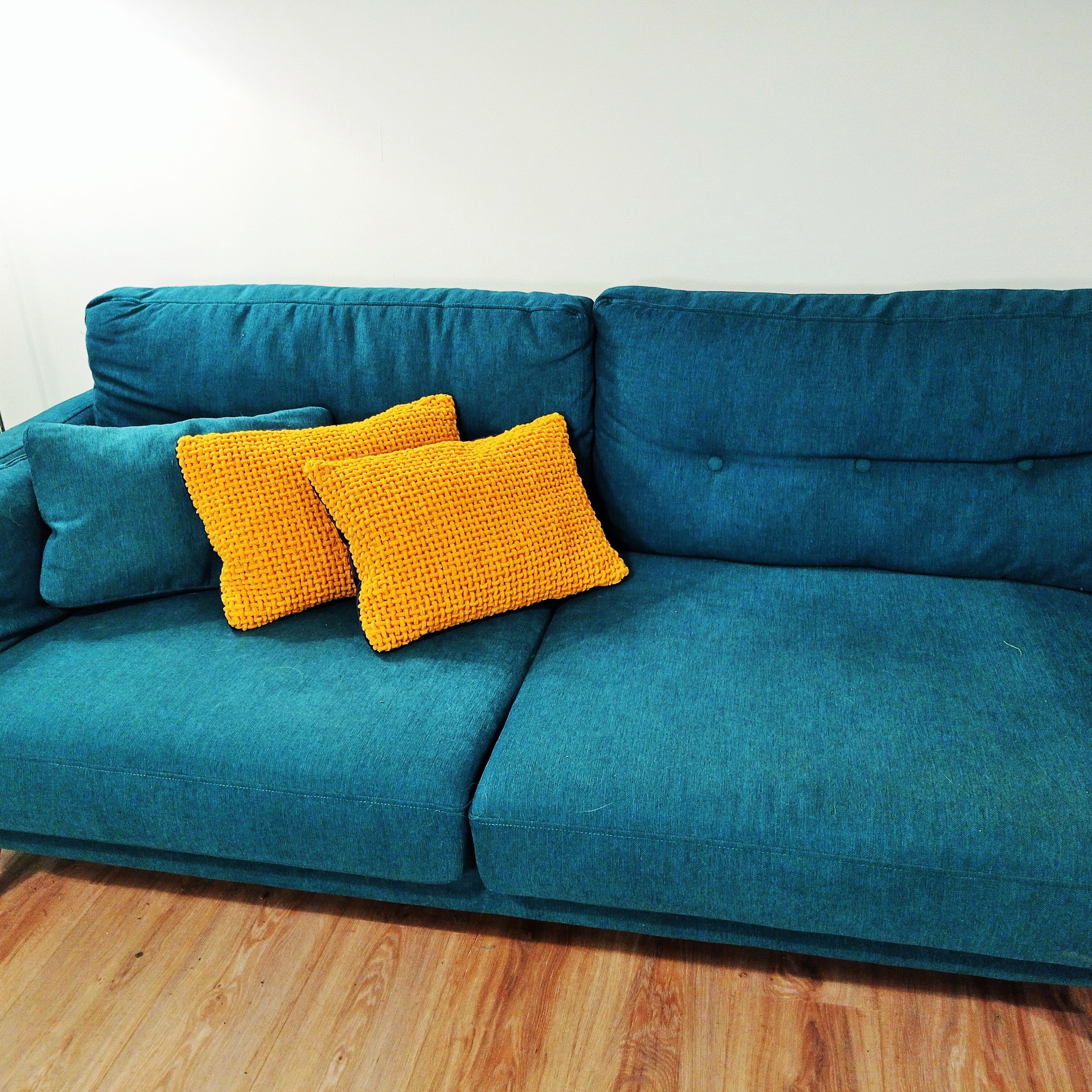 Pair of mustard and ultramarine blue chenille rectangle cushions