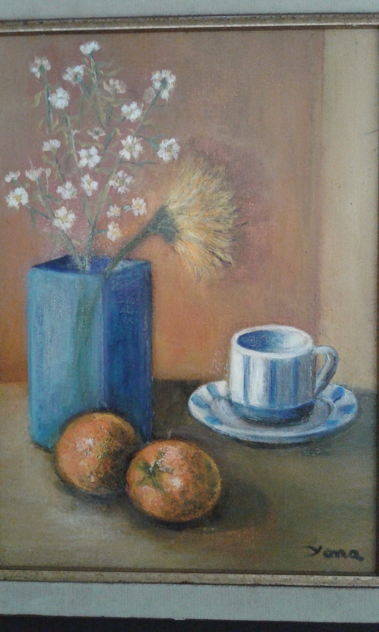 Oil on canvas painting still life with coffee cup. circa 70