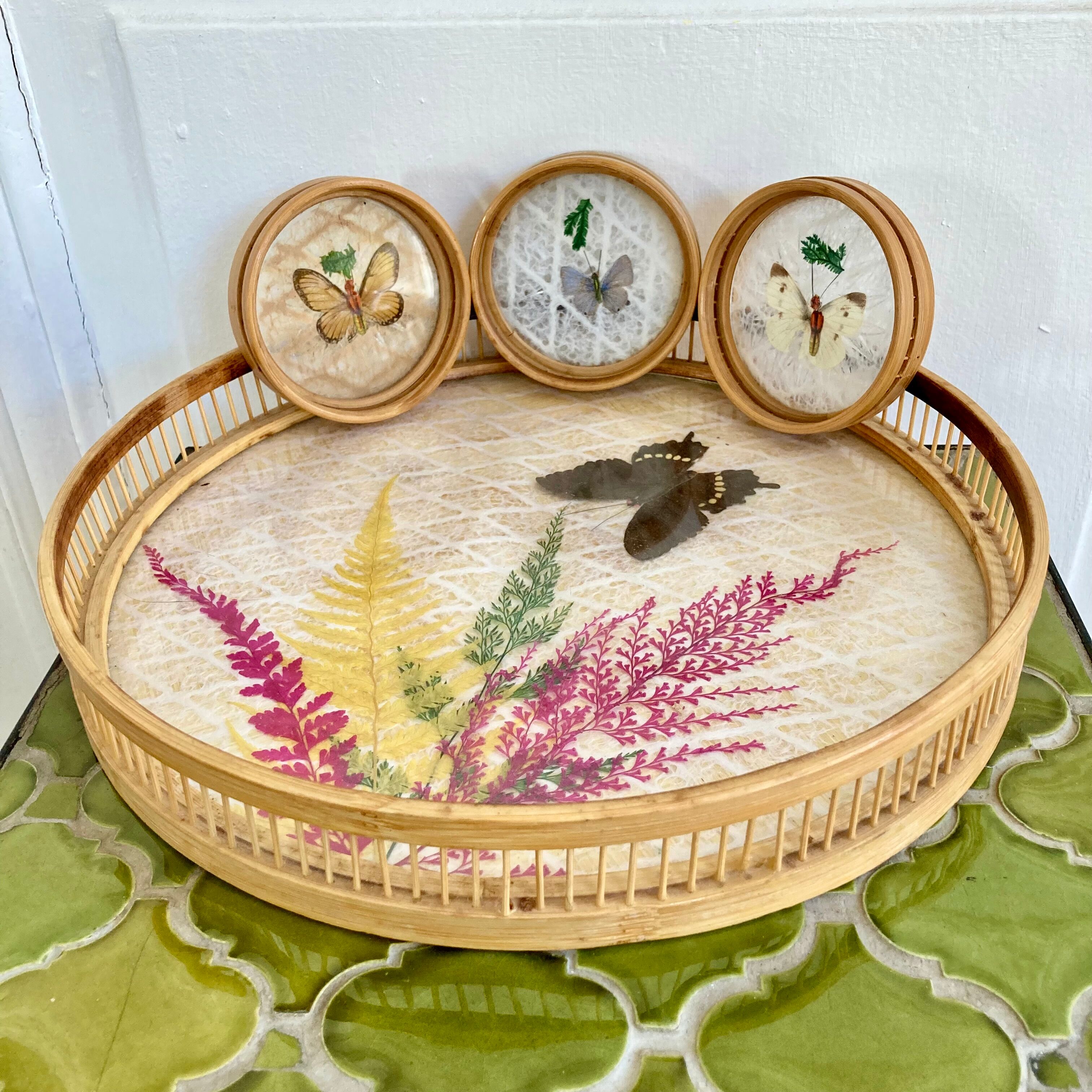 Bamboo butterfly tray and 6 vintage coasters