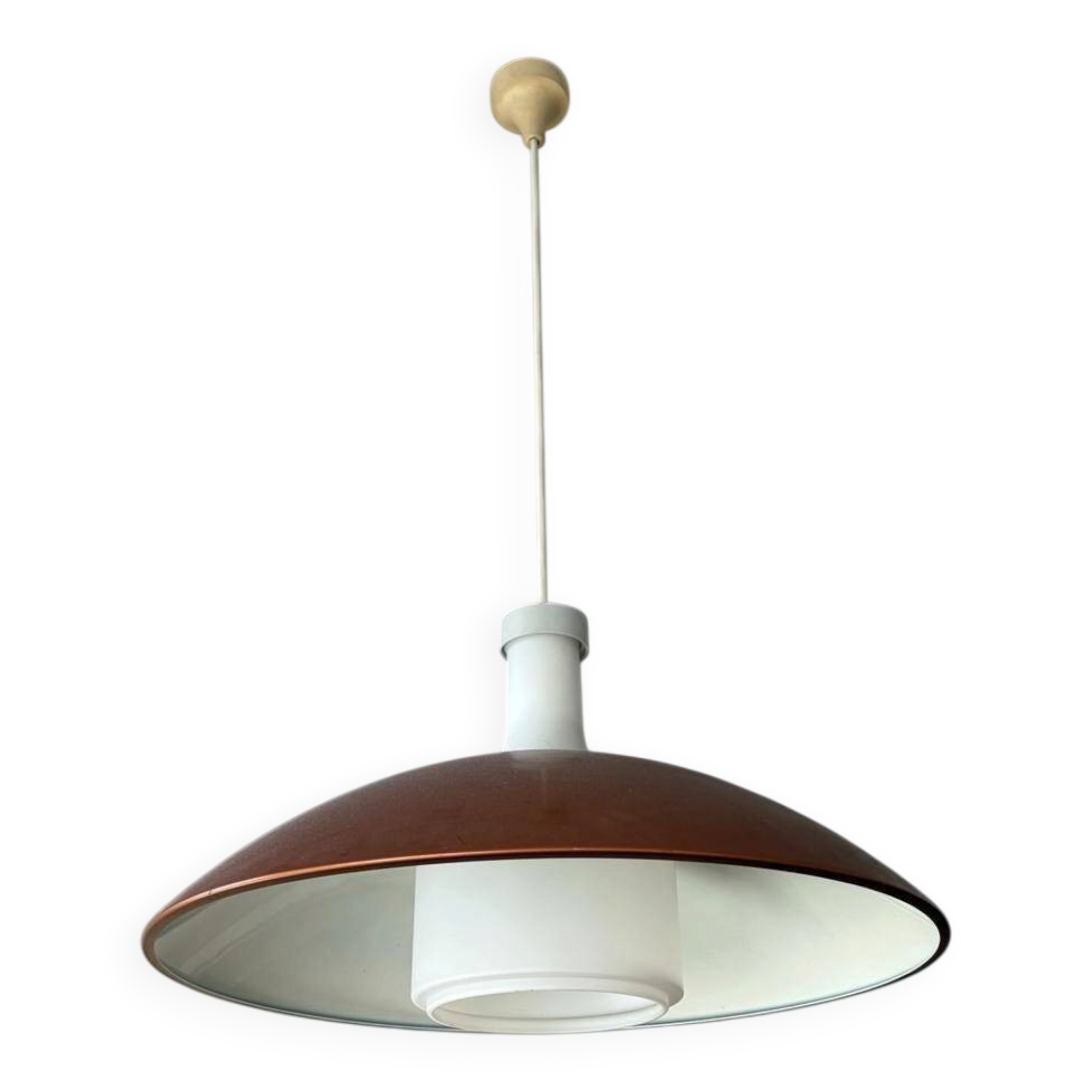 Vintage orange rust metal pendant light with opaline glass.