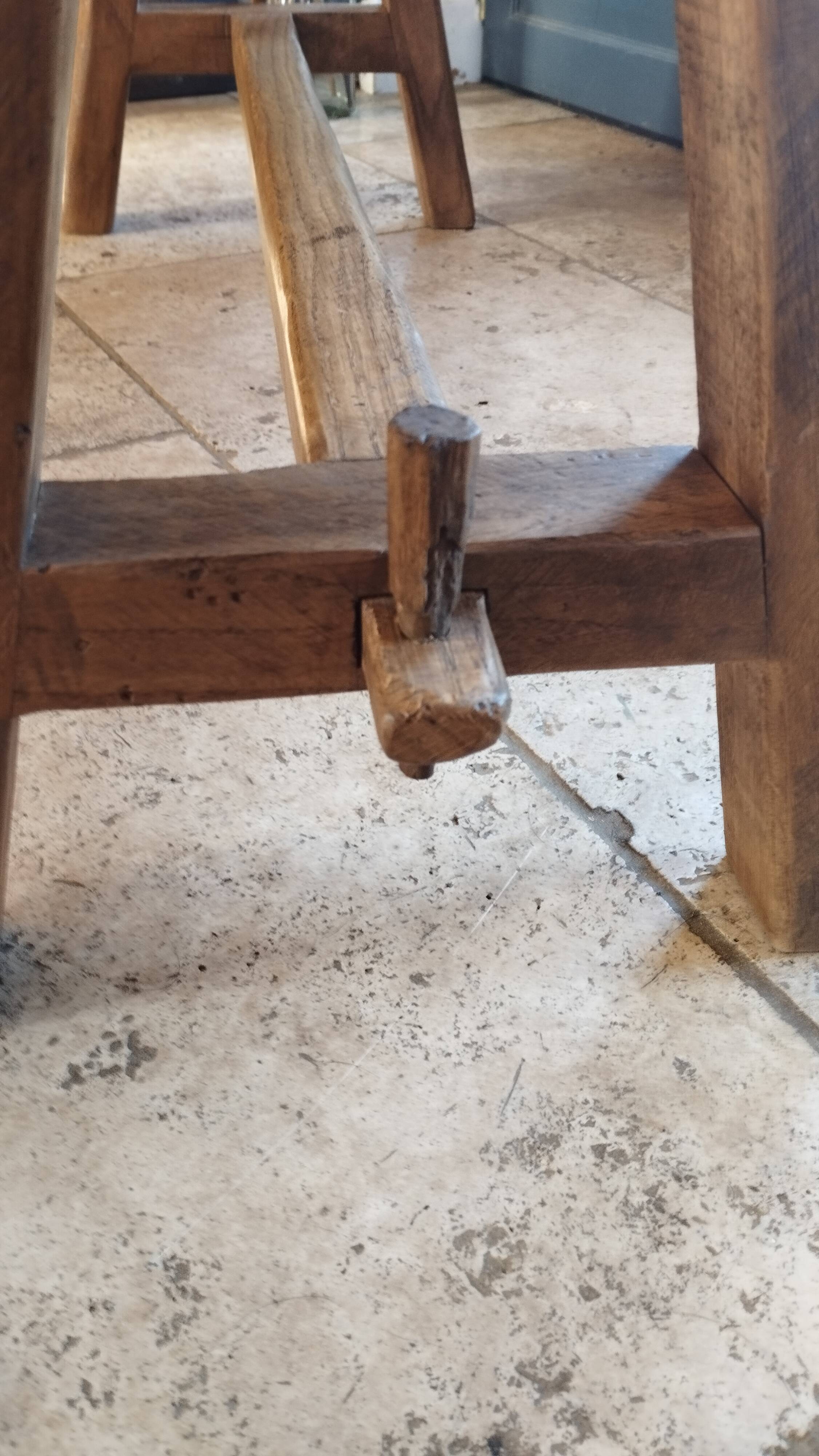 "A frame" bench in solid oak, patinated.