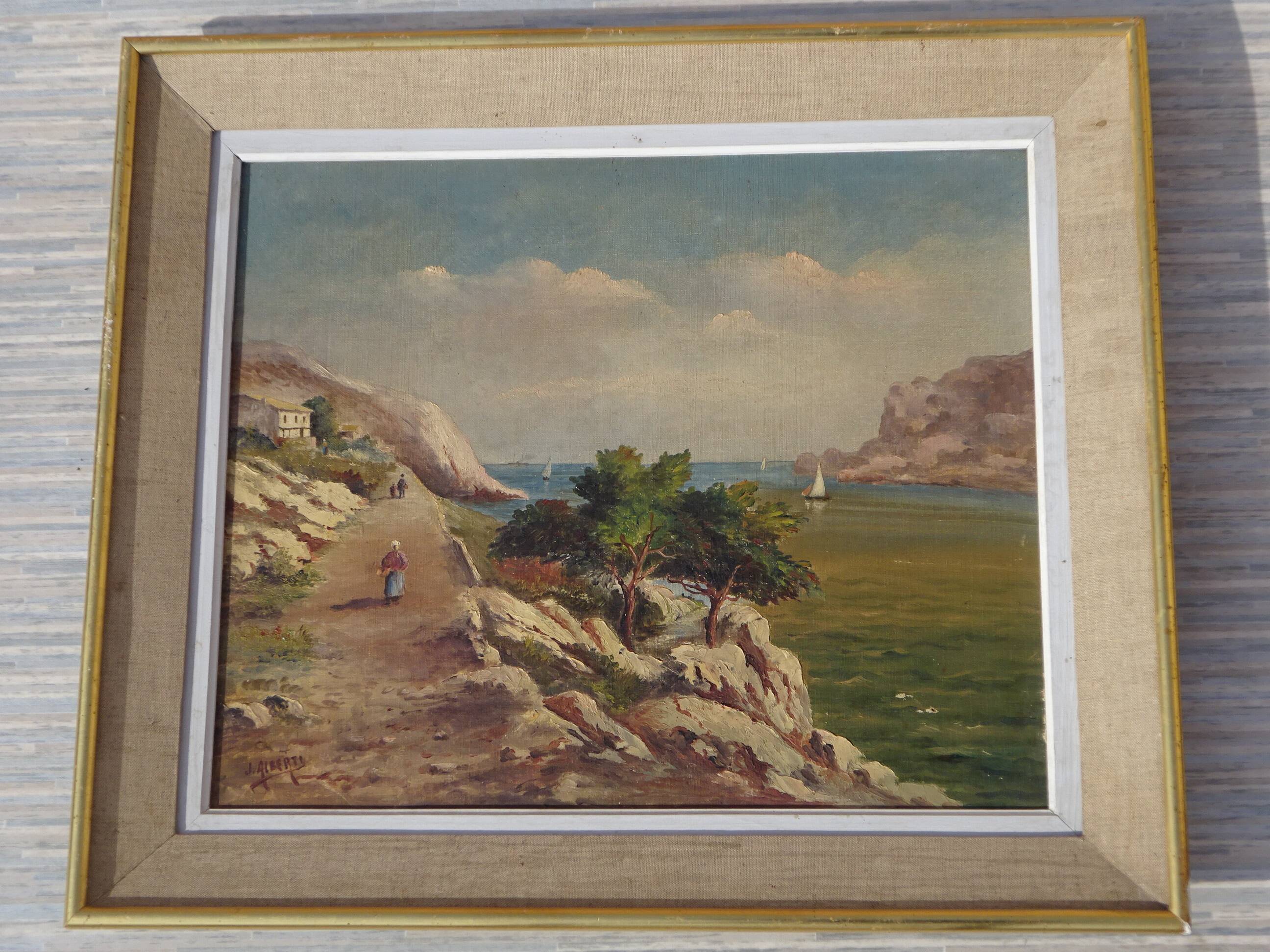 Old painting, landscape of the Calanques de Cassis, signed Alberti.