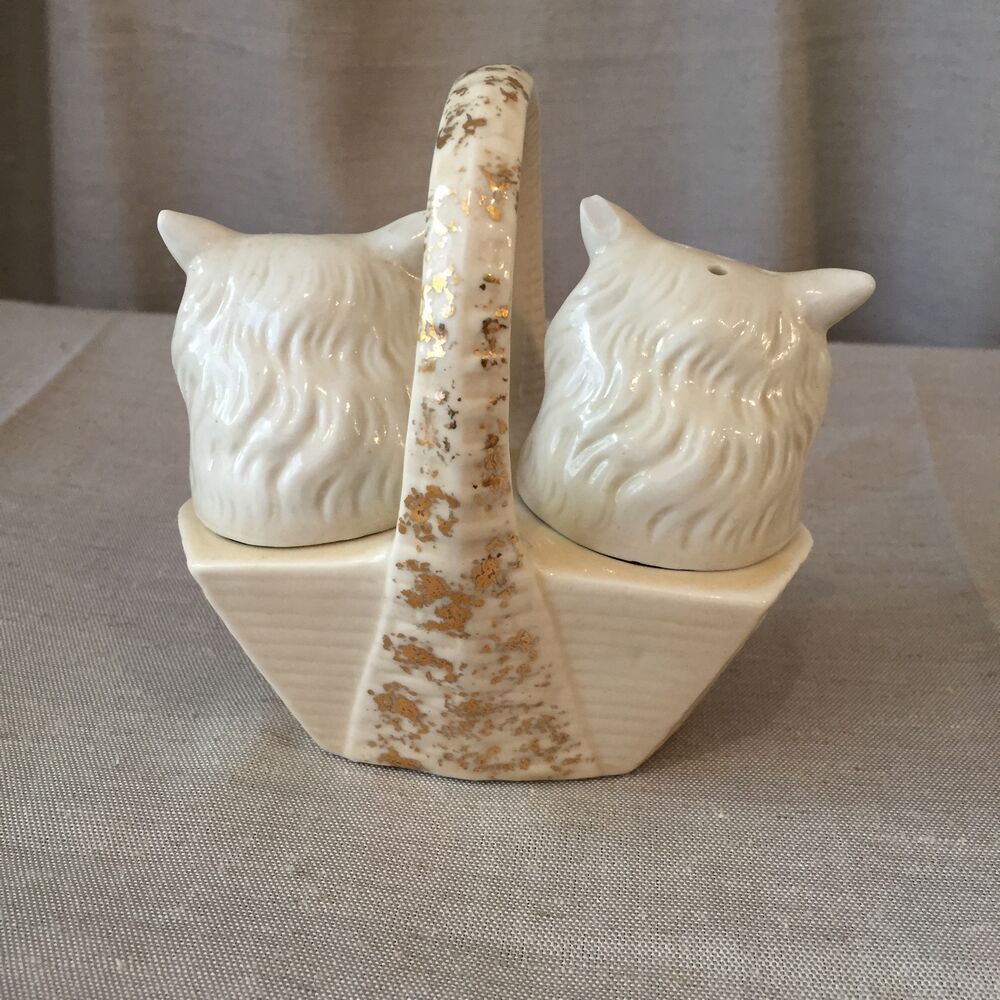 Panier avec saliere poivriere en forme de chat porcelaine de france