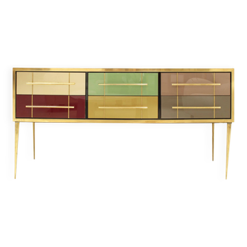 Mid-Century Modern Solid Wood and Colored Glass Italian Sideboard