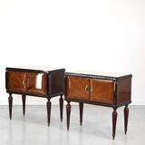 Set Of 2 Italian Midcentury Walnut Burl And Brass Bedside Tables / Cabinets