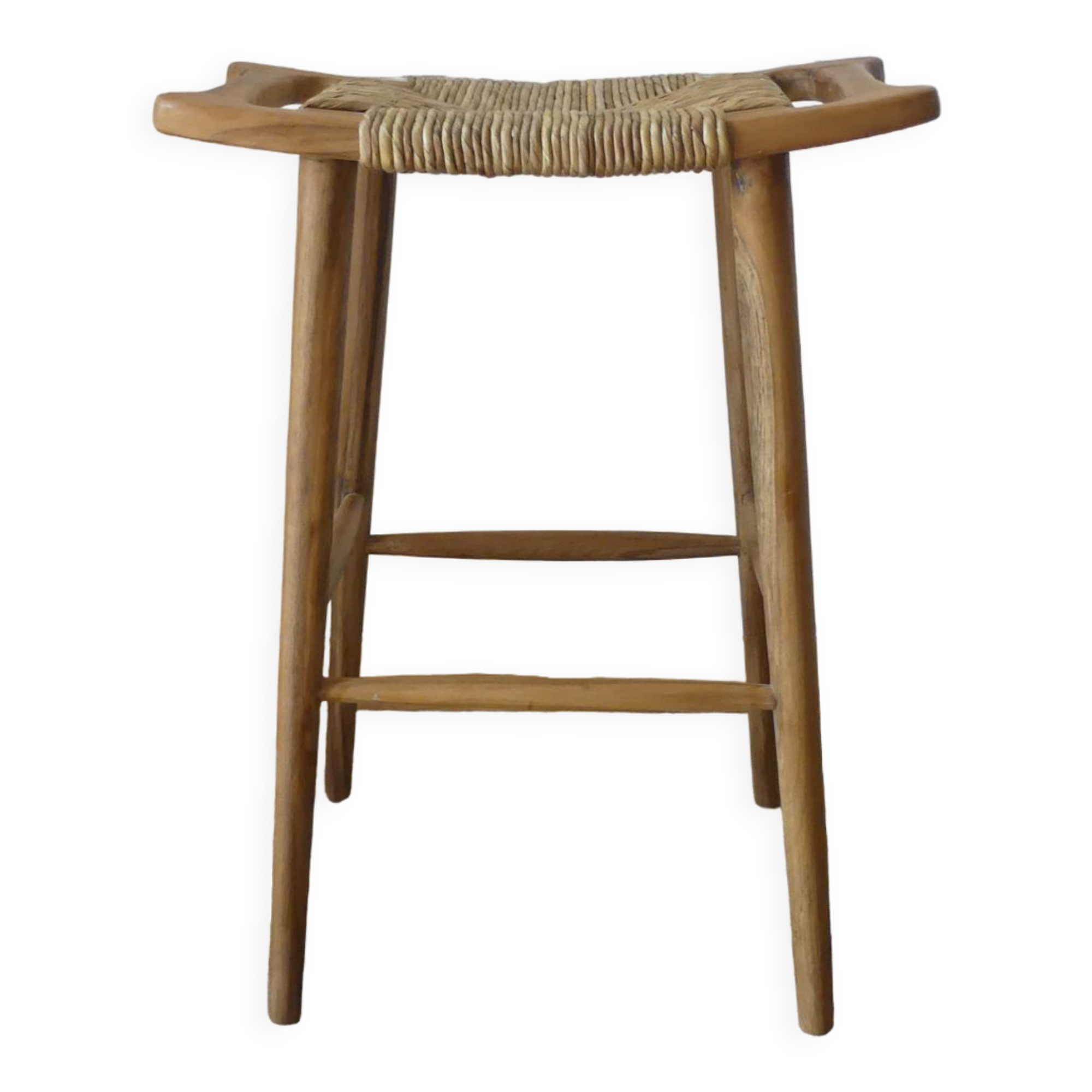 Tabouret de bar en teck et raphia