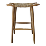 Teak and raffia bar stool