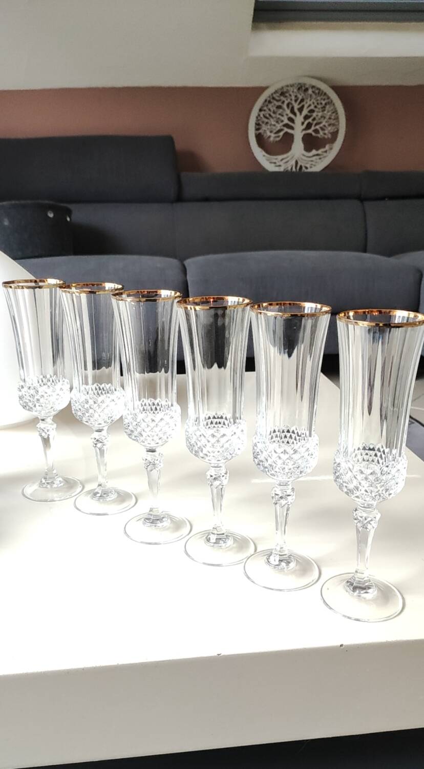 Lot of 6 x Champagne Flutes crystal/Valencay Gold/Crystal d'Arques