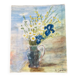 Vintage painting bouquet of flowers daisies irises