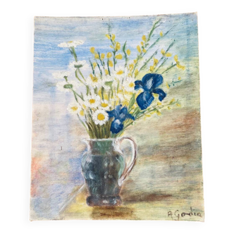 Vintage painting bouquet of flowers daisies irises