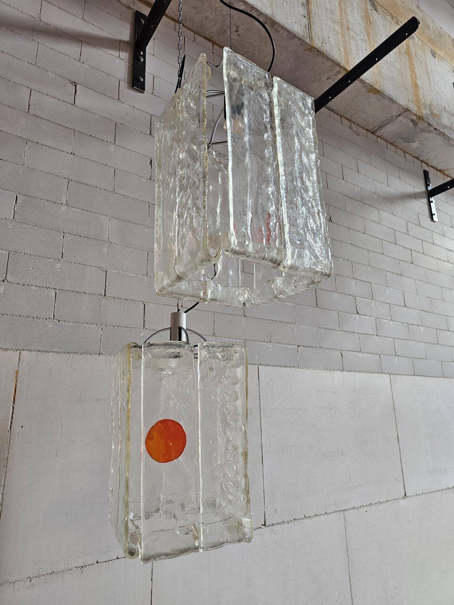 Set of 2 Aureliano Toso Murano glass ceiling lamps, ice glass, 1970s