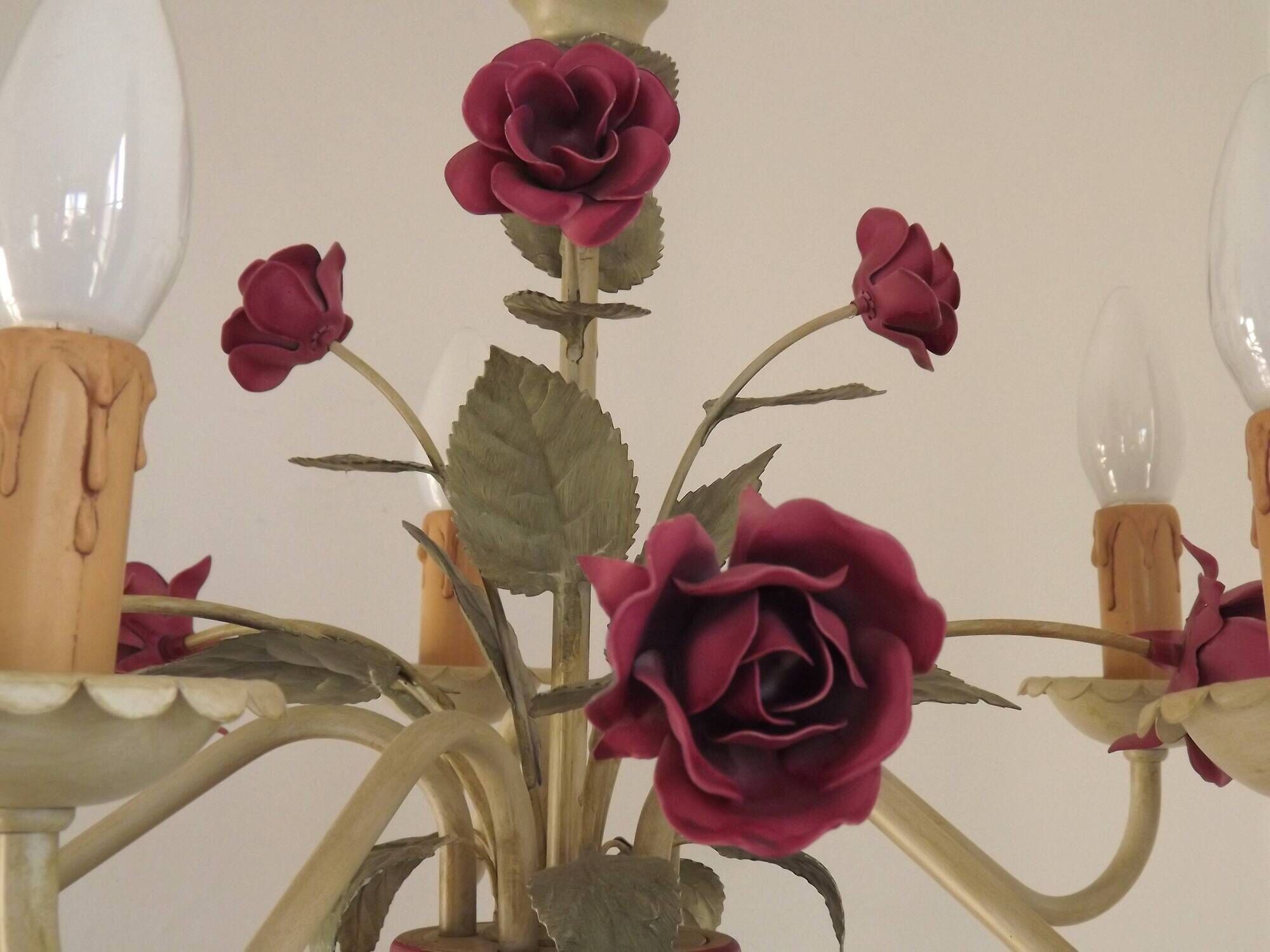 French vintage metal deep pink rose and green leaf 5-light chandelier