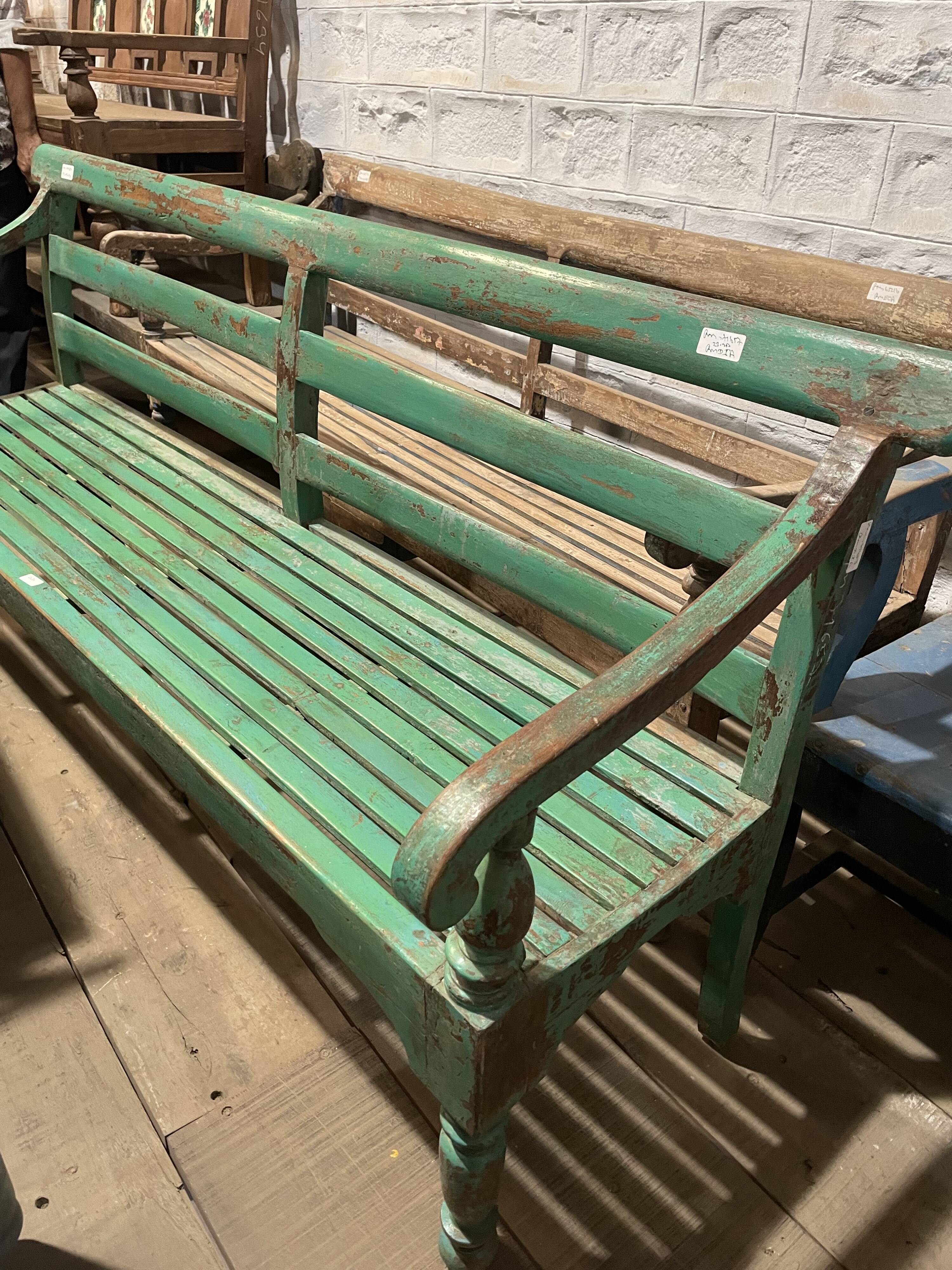 Indian bench in green lacquered teak