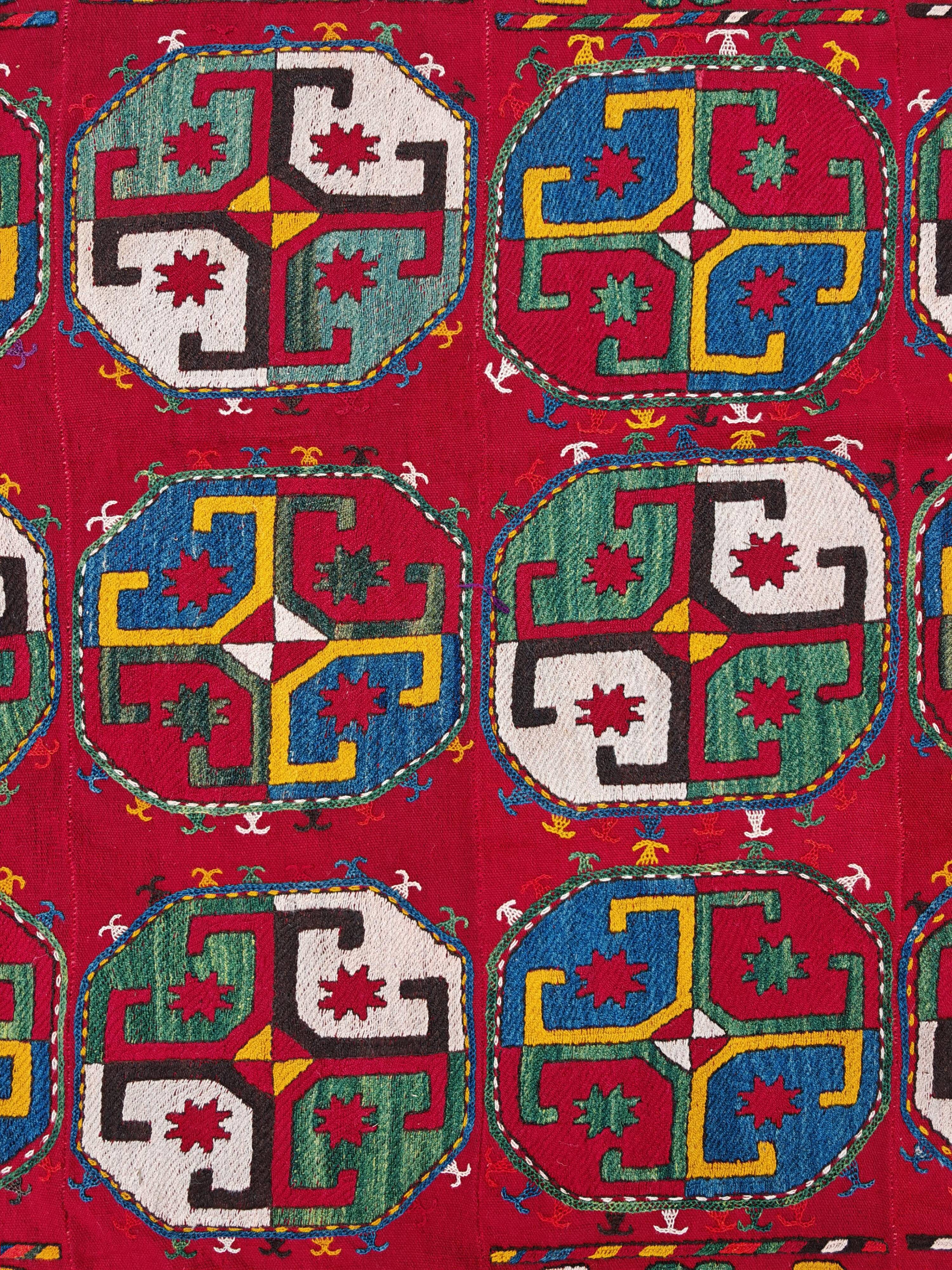 Ancient Uzbek Carpet Mixed Technique Flat Woven, Early 20th Century