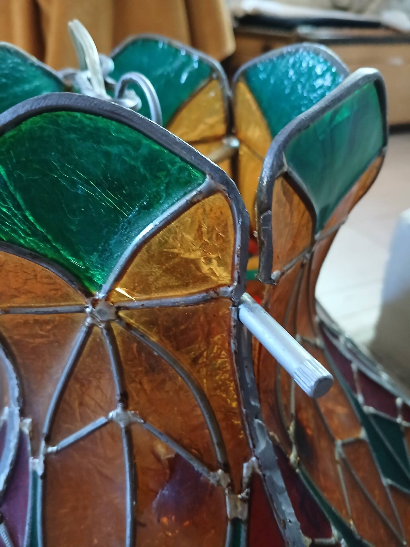 Vintage pendant light with multicoloured stained glass.