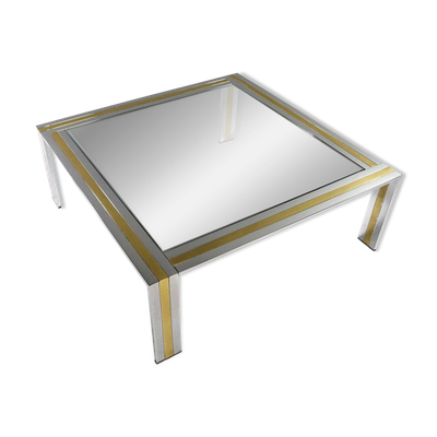 Table basse carrée en laiton, chrome et verre par Renato Zevi, Italie, années 1970.