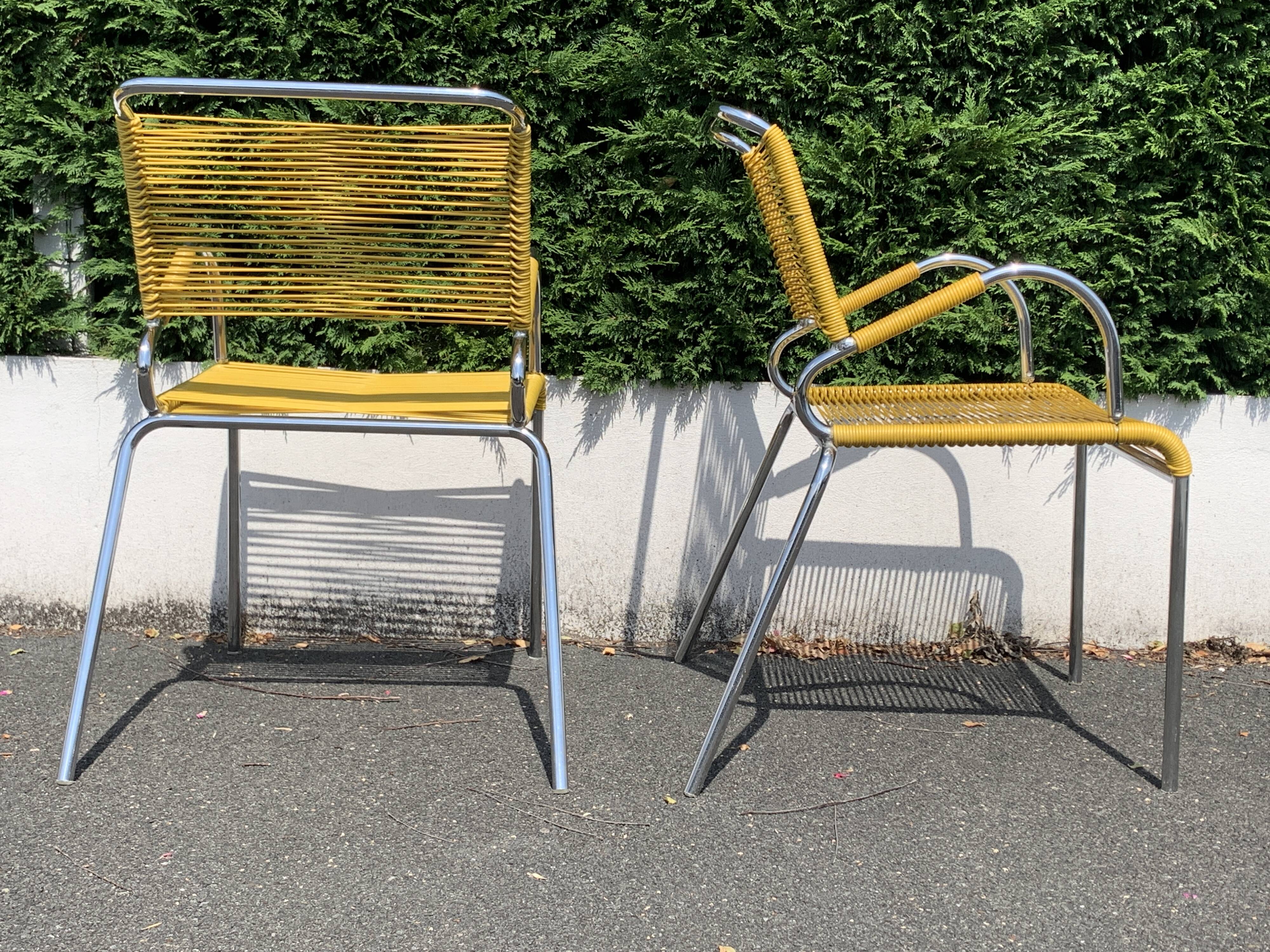 6 yellow and stackable armchairs, scoubidou by Dupré Perrin
