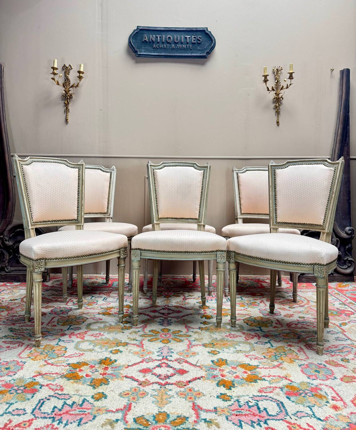 Set of Six Louis XVI Style Lacquered Wood Chairs, 19th Century