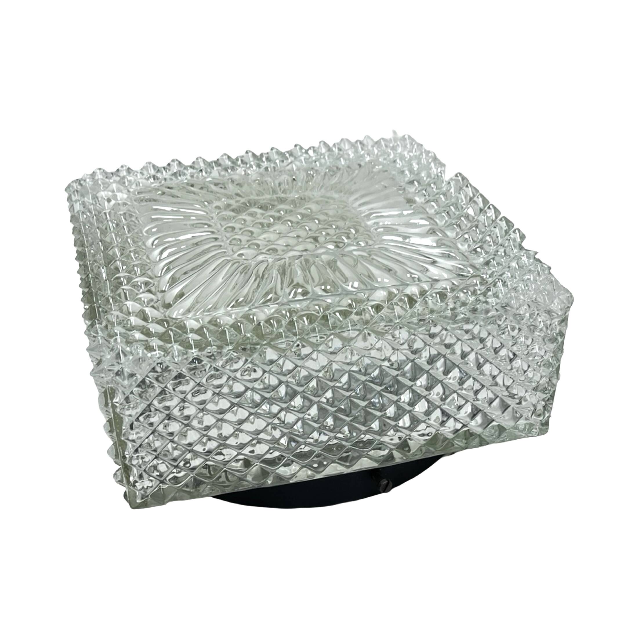 Square glass cube flush-mount light, Hillebrand (Germany), 1970s. Vintage
