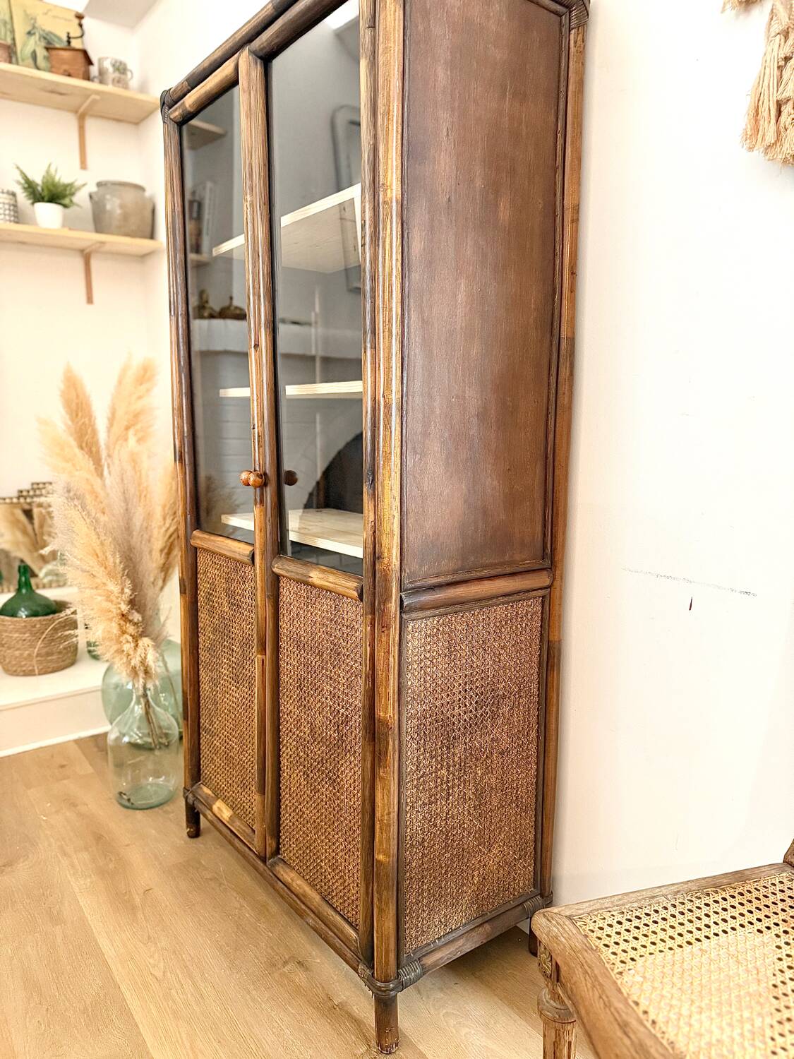 Glass cabinet in bamboo and cane
