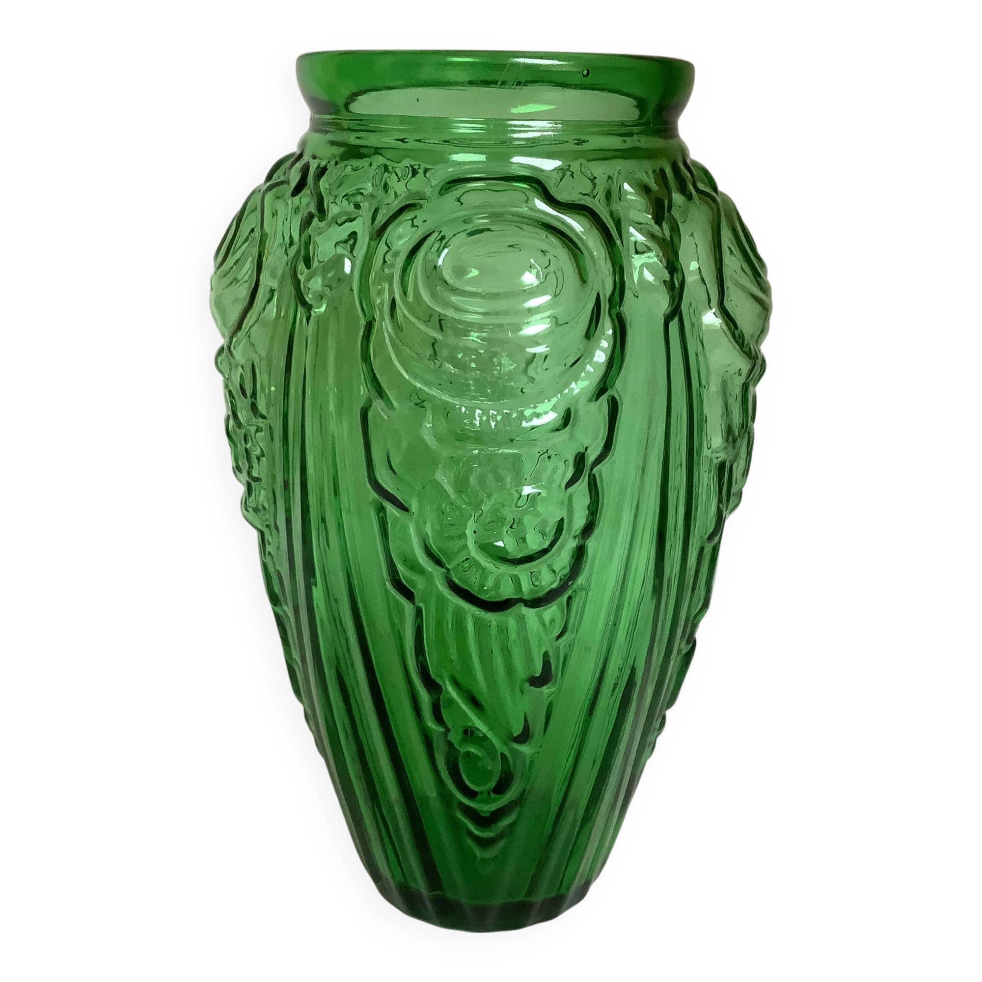 Grand vase verre vert de Julius Stolle art déco