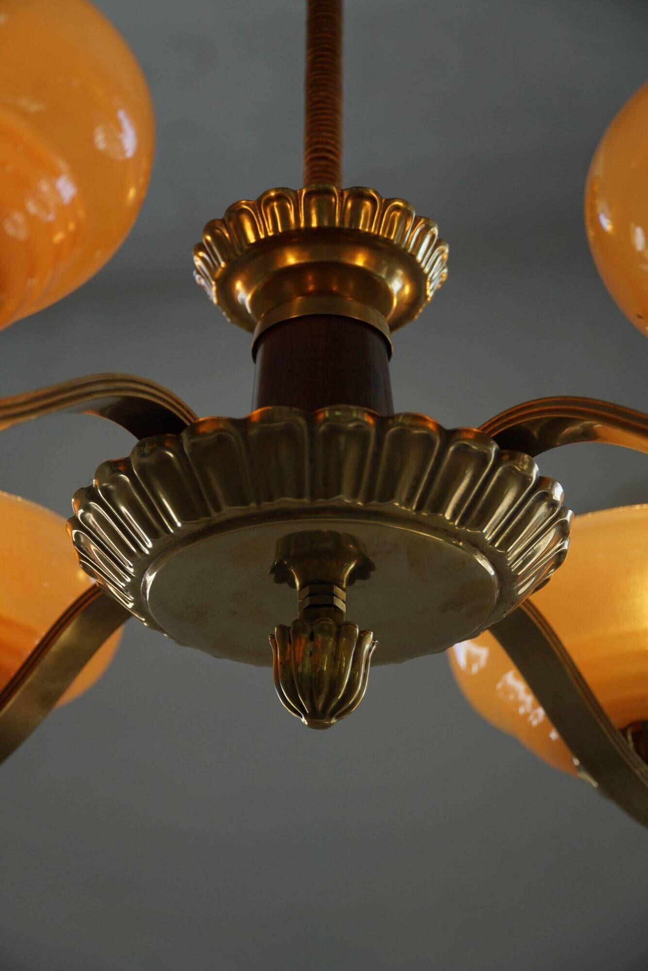 Art Deco chandelier with 4 branches in glass and brass, Sweden, 1940s