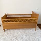 Vintage wooden baby cot and rattan strap