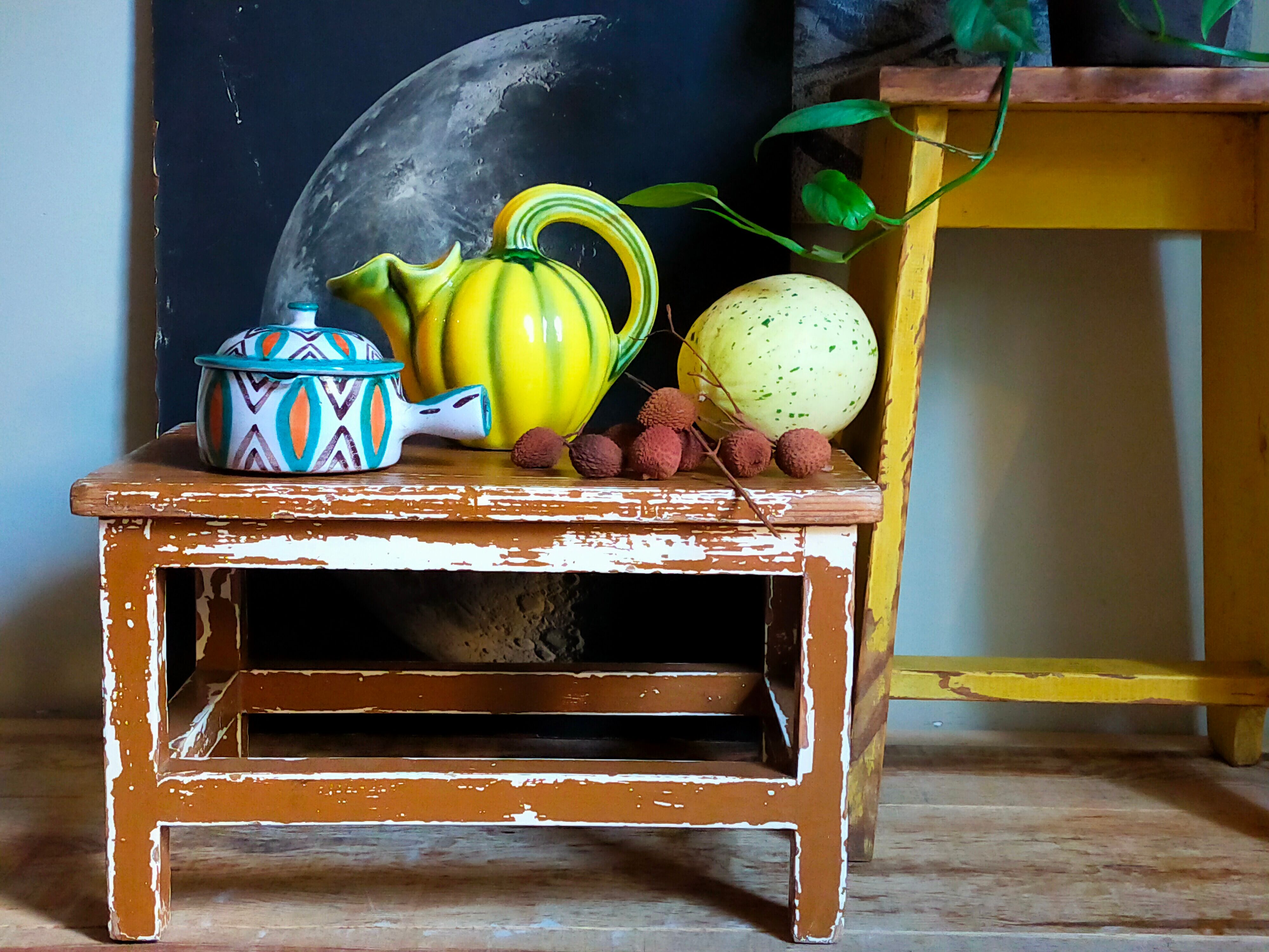 Vintage patinated solid wood side bench