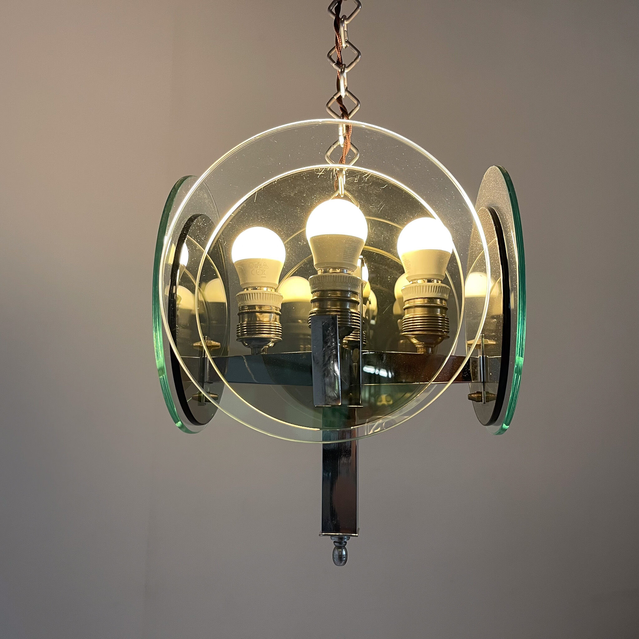 Unique art deco chrome & glass chandelier, 1920's