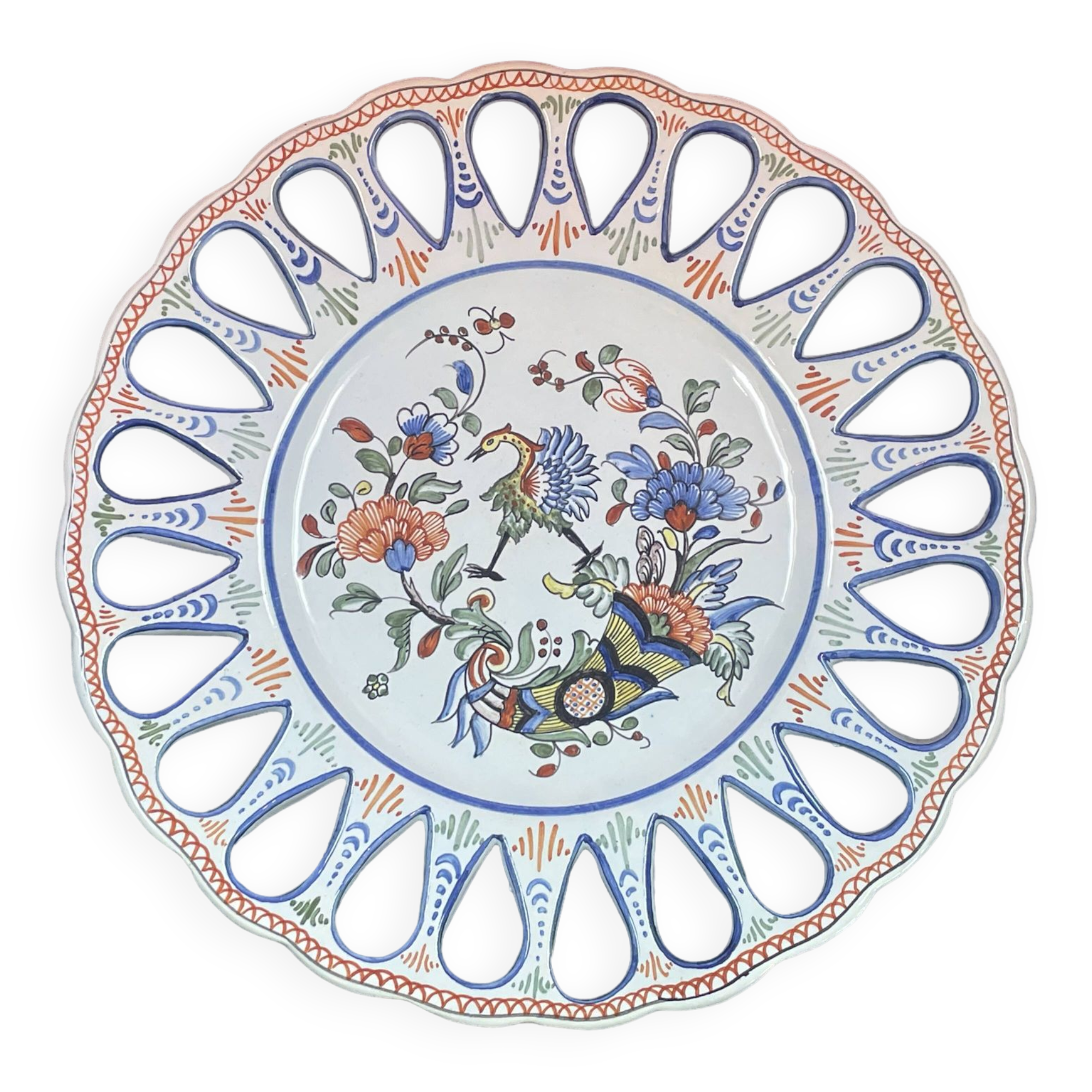 Openwork Dish in Desvres Earthenware, Rouen Cornucopia Flower Decor, 27.5 cm